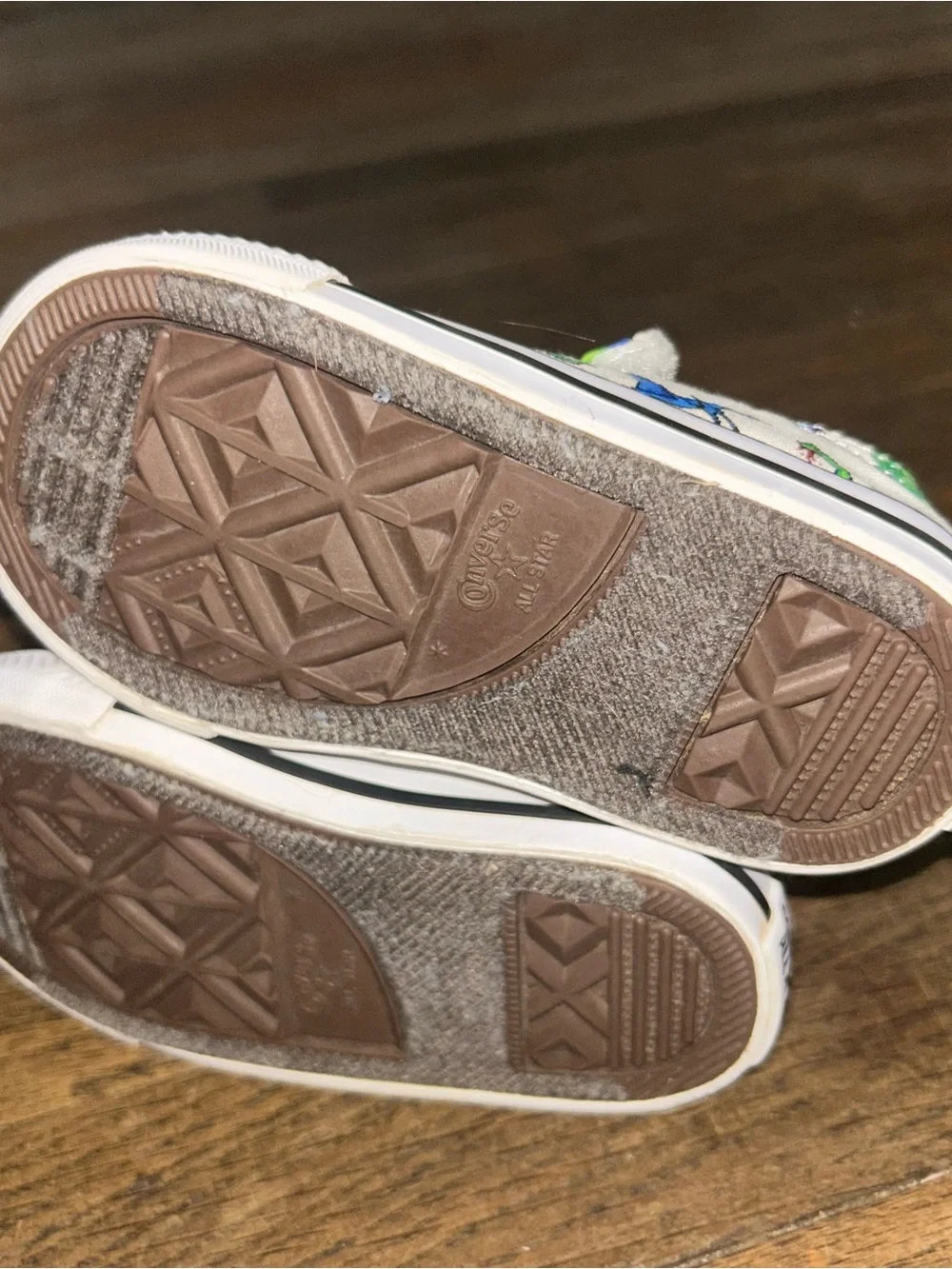 Converse Kids White Canvas Sneakers with Green, Blue & Red Dinosaur Print